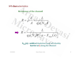 I-V characteristics
Resistance of the channel
e D
L L
R
A q N A
ρ
µ
= =
L
2/19/2021 8
Arpan Deyasi, India
( )
e D dep
L
R
q N W a X x
µ
=
 
−
 
Xdep(x): width of depletion layer of Schottky
barrier at x along the channel
 