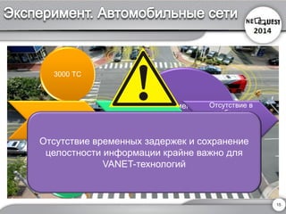 15 
3000 ТС 
Вся дорожная периферия 
Экспериментальный запуск технологии V2Vв городе Энн- Арбор, Мичиган в 2012 году 
Старт в 2012 г. 
Продление на 2013 г. 
Отсутствие в свободном доступе каких- либо результатов 
Отсутствие временных задержек и сохранение целостности информации крайне важно для VANET-технологий  