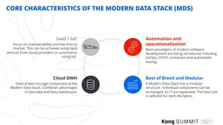CORE CHARACTERISTICS OF THE MODERN DATA STACK (MDS)
Automation and
operationalization
Basic paradigms of modern software
development are being introduced, including
GitOps, CI/CD, containers and automated
testing.
Best of Breed and Modular
A Modern Data Stack has a modular
structure. Individual components can be
exchanged. EL+T are separated. The best tool
is selected for each discipline.
Cloud DWH
Central data storage component of the
Modern Data Stack. Combines advantages
of data lake and data warehouse.
SaaS / IaC
Focus on maintainability and low time to
market. This can be achieved using SaaS
services from cloud providers or automation
using IaC.
 