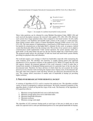 International Journal of Computer Networks & Communications (IJCNC) Vol.6, No.2, March 2014
29
Figure 1. An example of a multitree based hybrid overlay network.
These video partitions can be obtained by using Multiple Description Codec (MDC) [26] and
each received description increases the received video quality [27], [28], [29], [30]. However
such systems have longer playback delay when compared to tree based systems. In [23], stable
nodes construct a tree backbone and unstable nodes connect to the system in a mesh structure.
Some hybrid systems utilize cloud or Content Distribution Network (CDN) servers [31], [32],
[33], [34]. The main purpose of implementing a cloud based or CDN based service is to recover
lost packets by retransmission so that higher QoE is obtained. In this work, we propose a hybrid
system that drastically differs from the existing work. The novelty of our system is in its adaptive
communication model implemented. Under normal operation, the system operates under tree-
push model. As the node failure rate goes up, the tree structure adapts into a mesh based system.
The proposed model utilizes the advantages of both tree based and mesh based systems thereby
providing low playback delay and robustness.
Our work here targets a new strategy in which less bandwidth is kept idle while maintaining the
same resilience level. We introduce new heuristics to modify backup parent pool approach
introduced in [12] to maximize resilience of the method of [21]. While [12] repairs the tree with
full capacity channel, the proposed approach of this work constructs a mesh of nodes that is
formed from members of designated backup parent pool of a particular layer of the tree plus the
disconnected node. Therefore, for those sub-trees in which churn has not occurred, the overlay
preserves its tree structure with root being the original source whereas roots of disconnected sub-
trees pull video from respective mesh and those sub-trees are effectively disconnected from the
root. This strategy allows reservation of smaller ratio of bandwidth as backup yet providing
higher resilience.
3. TREE-PUSH BROADCAST WITH MESH-PULL BACKUP
A variation of algorithm of [12] is used to construct the multicast tree. The algorithm considers
variety of factors in attempting to optimize performance. We briefly summarize properties of the
algorithm details of which are beyond the scope of this work. The heuristics of the algorithm of
[12] spend best effort to
i. Maximize average bandwidth from root to individual nodes
ii. Minimize average delay from root to individual nodes
iii. Maximize bandwidth utilization
iv. Maximize resilience
v. Minimize average node depth
The algorithm of [12] constructs backup pools at each layer of the tree in which one or more
nodes are expected reserve some pre-determined portion of its total upload bandwidth for backup.
The packet of stream 1
Dissemination direction of
stream 1 packets
The packet of stream 2
Dissemination direction of
stream 2 packets
 