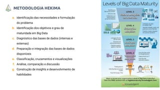 METODOLOGIA HEKIMA
a. Identificação das necessidades e formulação
do problema
b. Identificação dos objetivos e grau de
maturidade em Big Data
c. Diagnóstico das bases de dados (internas e
externas)
d. Preparação e integração das bases de dados
disponíveis
e. Classificação, cruzamentos e visualizações
f. Análise, comparação e discussão
g. Construção de insights e desenvolvimento de
habilidades
 