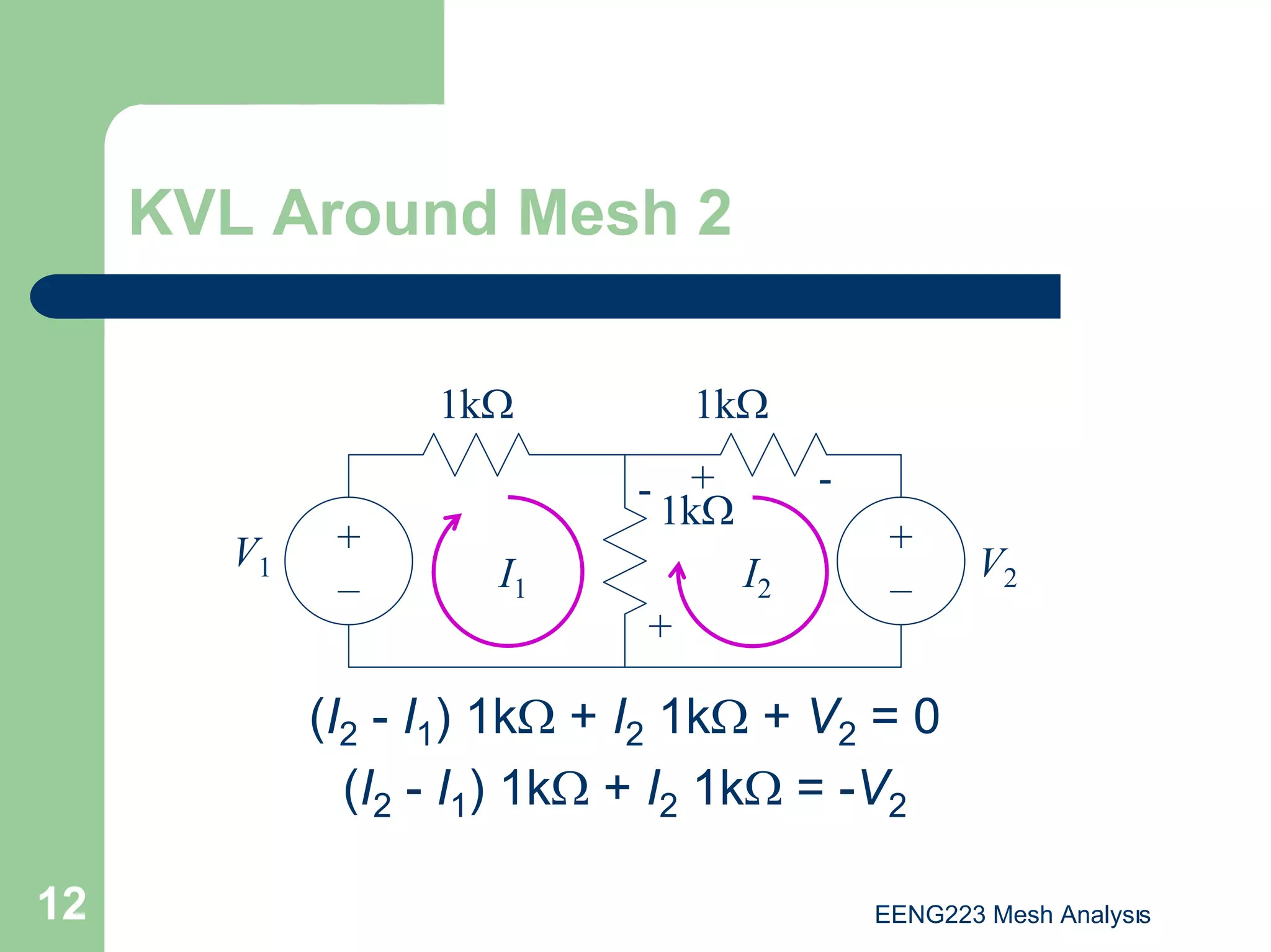 EENG223 Mesh Analysıs
12
KVL Around Mesh 2
1kΩ
1kΩ
1kΩ
V1 V2
I1 I2
+
–
+
–
-
-
+
+
(I2 - I1) 1kΩ + I2 1kΩ + V2 = 0
(I2 - I1) 1kΩ + I2 1kΩ = -V2
 