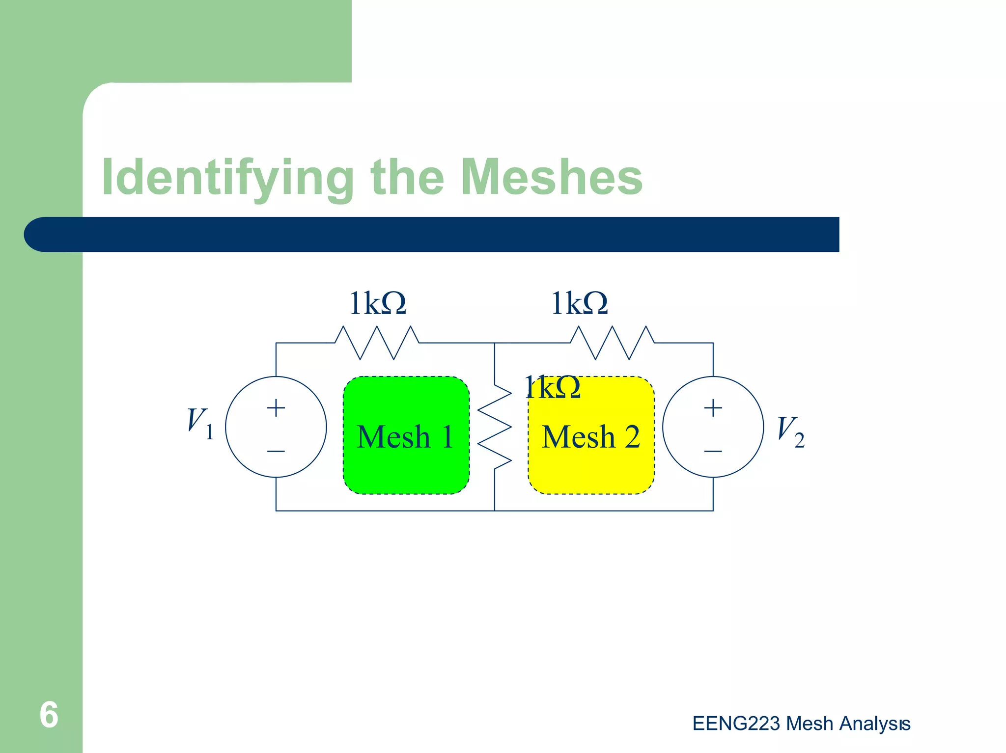 EENG223 Mesh Analysıs
6
Identifying the Meshes
Mesh 2
1kΩ
1kΩ
1kΩ
V1 V2
Mesh 1
+
–
+
–
 