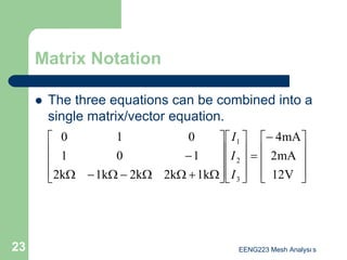 EENG223 Mesh Analysı s
23
Matrix Notation
z The three equations can be combined into a
single matrix/vector equation.









−
=




















Ω
+
Ω
Ω
−
Ω
−
Ω
−
V
12
mA
2
mA
4
1k
2k
2k
1k
2k
1
0
1
0
1
0
3
2
1
I
I
I
 