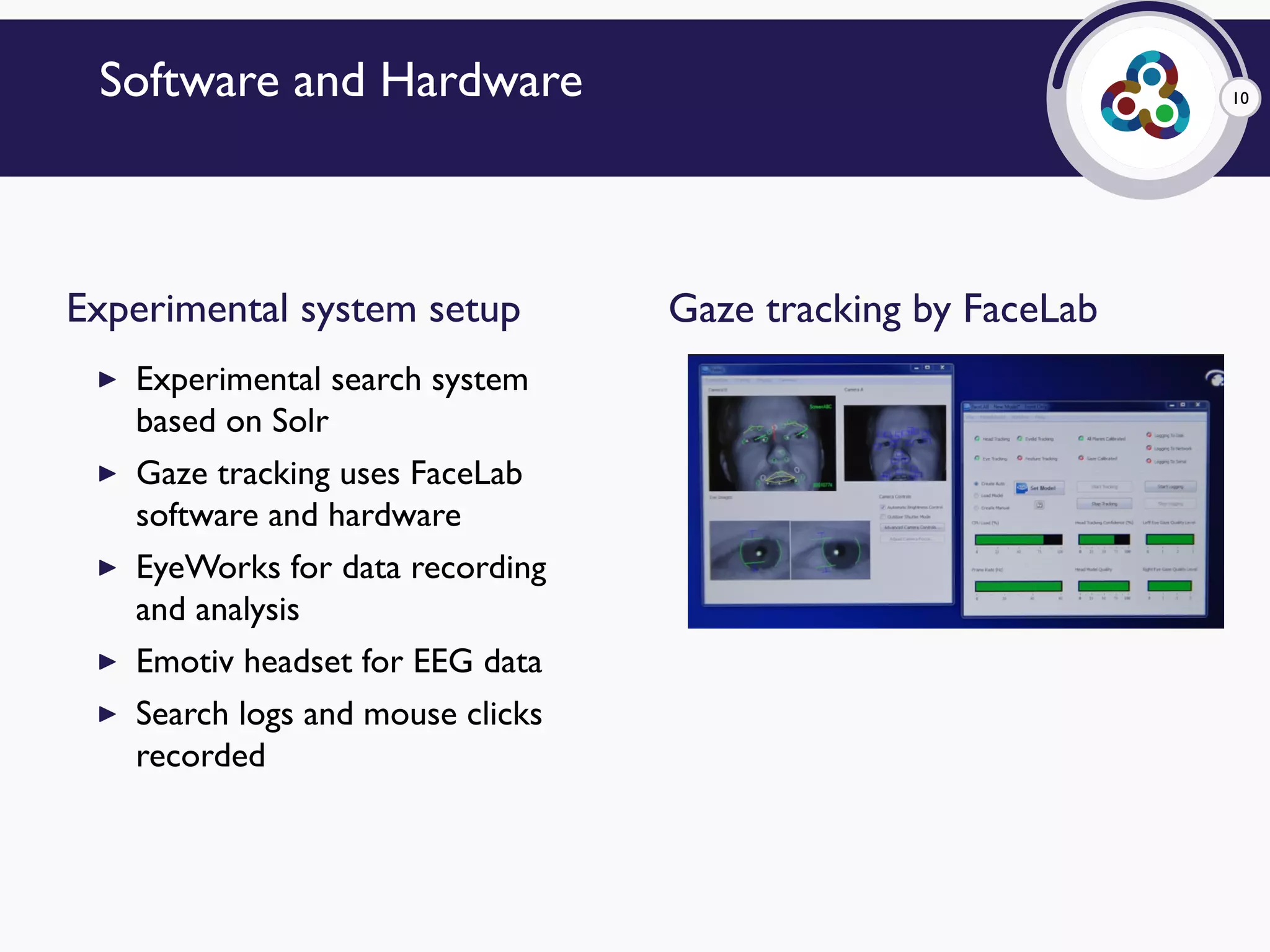10Software and Hardware
Experimental system setup
▶ Experimental search system
based on Solr
▶ Gaze tracking uses FaceLab
software and hardware
▶ EyeWorks for data recording
and analysis
▶ Emotiv headset for EEG data
▶ Search logs and mouse clicks
recorded
Gaze tracking by FaceLab
 