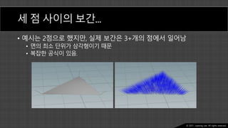 Ⓒ 2021. Juyeong Lee. All rights reserved.
세 점 사이의 보간…
• 예시는 2점으로 했지만, 실제 보간은 3+개의 점에서 일어남
• 면의 최소 단위가 삼각형이기 때문
• 복잡한 공식이 있음.
 