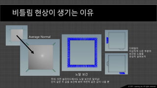 Ⓒ 2021. Juyeong Lee. All rights reserved.
비틀림 현상이 생기는 이유
Average Normal
노말 보간
주의: 이전 슬라이드에서도 노말 보간은 일어남!
단지 같은 두 값을 보간해 봐야 여전히 같은 값이 나올 뿐
디테일이
이상하게 나온 부분의
보간된 노말을
유심히 살펴보자
 