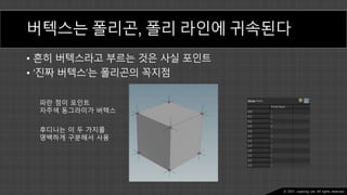 Ⓒ 2021. Juyeong Lee. All rights reserved.
버텍스는 폴리곤, 폴리 라인에 귀속된다
• 흔히 버텍스라고 부르는 것은 사실 포인트
• ‘진짜 버텍스’는 폴리곤의 꼭지점
파란 점이 포인트
자주색 동그라미가 버텍스
후디니는 이 두 가지를
명백하게 구분해서 사용
 