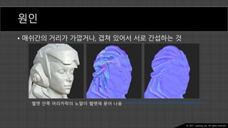 Ⓒ 2021. Juyeong Lee. All rights reserved.
원인
• 매쉬간의 거리가 가깝거나, 겹쳐 있어서 서로 간섭하는 것
Matching by Name - Substance Bakers (substance3d.com)
헬멧 안쪽 머리카락의 노말이 헬멧에 묻어 나옴
 