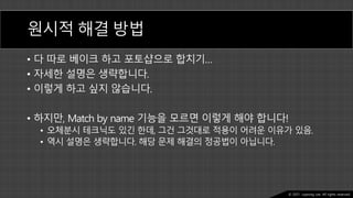 Ⓒ 2021. Juyeong Lee. All rights reserved.
원시적 해결 방법
• 다 따로 베이크 하고 포토샵으로 합치기…
• 자세한 설명은 생략합니다.
• 이렇게 하고 싶지 않습니다.
• 하지만, Match by name 기능을 모르면 이렇게 해야 합니다!
• 오체분시 테크닉도 있긴 한데, 그건 그것대로 적용이 어려운 이유가 있음.
• 역시 설명은 생략합니다. 해당 문제 해결의 정공법이 아닙니다.
 