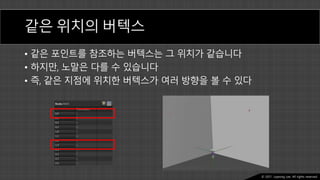 Ⓒ 2021. Juyeong Lee. All rights reserved.
같은 위치의 버텍스
• 같은 포인트를 참조하는 버텍스는 그 위치가 같습니다
• 하지만, 노말은 다를 수 있습니다
• 즉, 같은 지점에 위치한 버텍스가 여러 방향을 볼 수 있다
 