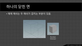 Ⓒ 2021. Juyeong Lee. All rights reserved.
하나의 닫힌 면
• 예제 매쉬는 두 매쉬가 겹치는 부분이 있음.
Boolean
Intersect
 