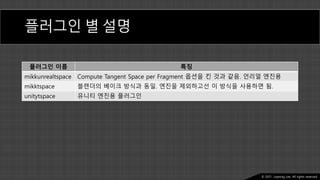Ⓒ 2021. Juyeong Lee. All rights reserved.
플러그인 별 설명
플러그인 이름 특징
mikkunrealtspace Compute Tangent Space per Fragment 옵션을 킨 것과 같음. 언리얼 엔진용
mikktspace 블렌더의 베이크 방식과 동일. 엔진을 제외하고선 이 방식을 사용하면 됨.
unitytspace 유니티 엔진용 플러그인
 