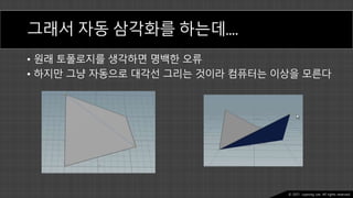 Ⓒ 2021. Juyeong Lee. All rights reserved.
그래서 자동 삼각화를 하는데….
• 원래 토폴로지를 생각하면 명백한 오류
• 하지만 그냥 자동으로 대각선 그리는 것이라 컴퓨터는 이상을 모른다
 