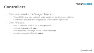 @meshstack
- Controllers make the “magic” happen
- Think CRDs as a way to teach kube-apiserver to store new objects
- Controllers process these objects as clients of the api-server
- Control Loop
- watch relevant objects via kube-apiserver
- compare .status and .spec
- take action to converge actual to desired state
- update managed object’s .status
Controllers
 