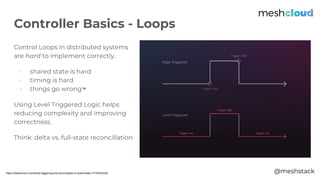 @meshstack
Control Loops in distributed systems
are hard to implement correctly.
- shared state is hard
- timing is hard
- things go wrong™
Using Level Triggered Logic helps
reducing complexity and improving
correctness.
Think: delta vs. full-state reconcillation
Controller Basics - Loops
https://hackernoon.com/level-triggering-and-reconciliation-in-kubernetes-1f17fe30333d
 