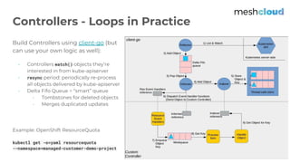 @meshstack
Build Controllers using client-go (but
can use your own logic as well):
- Controllers watch() objects they’re
interested in from kube-apiserver
- resync period: periodically re-process
all objects delivered by kube-apiserver
- Delta Fifo Queue = “smart” queue
- Tombstones for deleted objects
- Merges duplicated updates
Example: OpenShift ResourceQuota
kubectl get -o=yaml resourcequota
--namespace=managed-customer-demo-project
Controllers - Loops in Practice
 