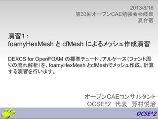 演習１：
foamyHexMesh と cfMesh によるメッシュ作成演習
DEXCS for OpenFOAM の標準チュートリアルケース（フォント周
りの流れ解析）を、foamyHexMesh とcfMeshでメッシュ作成、計算
する演習を行います。
2013/8/16
第33回オープンCAE勉強会＠岐阜
夏合宿
　
オープンCAEコンサルタント
OCSE^2　代表　野村悦治
 