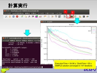 計算実行
1 2
ExecutionTime = 54.86 s ClockTime = 55 s
SIMPLE solution converged in 147 iterations
 