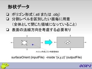 ❏ ポリゴン形式（.stl または .obj）
❏ 分割レベルを区別したい面毎に用意
（全体として閉じた領域になっていること）
❏ 表面の法線方向を考慮する必要有り
形状データ
surfaceOrient (inputFile) -inside '(x,y,z)' (outputFile)
メッシュ作成したい内部領域点
 