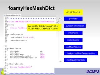 foamyHexMeshDict
geometry
initialPoints
surfaceConformation
motionControl
polyMeshFiltering
meshQualityControls
backgroundMeshDecomposition
あまり変更する必要のないパラメタが
デフォルト値として組み込まれている
パラメタブロック名
 