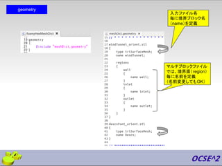 geometry
入力ファイル名
毎に境界ブロック名
（name）を定義
マルチブロックファイル
では、境界面（region）
毎に名前を定義
（名前変更してもOK）
 