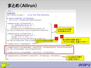 まとめ（Allrun）
foamyHexMeshの実行
微少要素の削除・統合？
（デフォルト設定、型通りで OK？）
surfaceFileの法線
方向を整合させる
1
2
3
checkMeshの実行
（必須ではない）
 