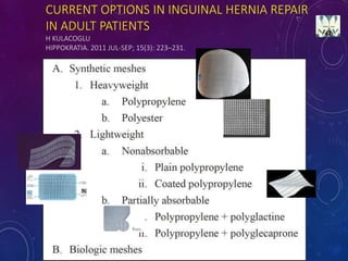 CURRENT OPTIONS IN INGUINAL HERNIA REPAIR
IN ADULT PATIENTS
H KULACOGLU
HIPPOKRATIA. 2011 JUL-SEP; 15(3): 223–231.
 