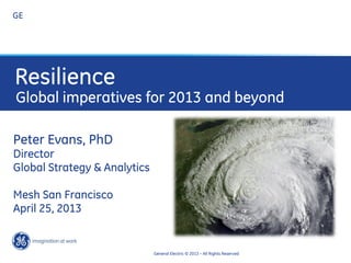 GE

Resilience

Global imperatives for 2013 and beyond

Peter Evans, PhD

Director
Global Strategy & Analytics
Mesh San Francisco
April 25, 2013

General Electric © 2013 – All Rights Reserved

 