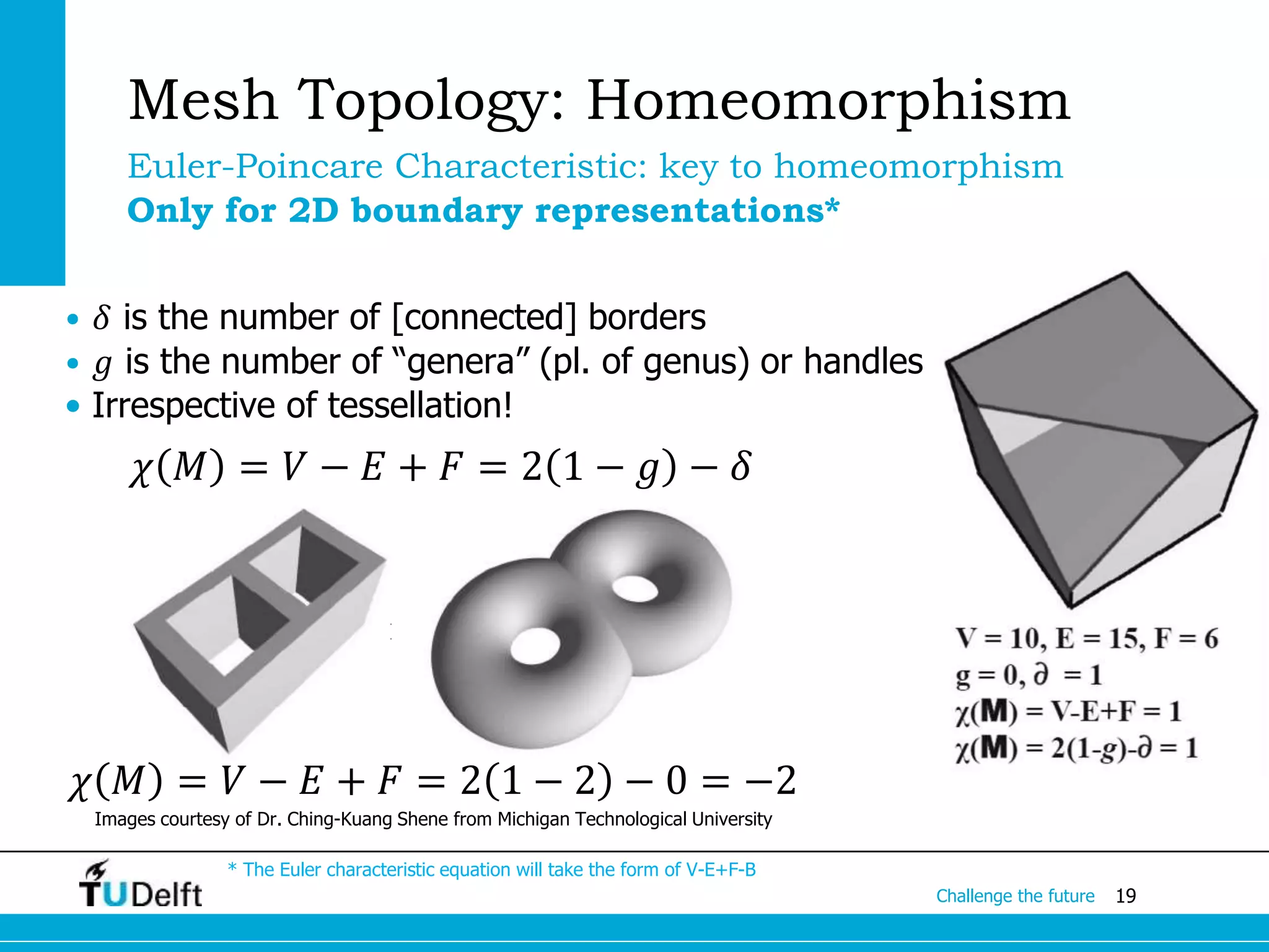 19Challenge the future
Mesh Topology: Homeomorphism
Euler-Poincare Characteristic: key to homeomorphism
Only for 2D boundary representations*
Images courtesy of Dr. Ching-Kuang Shene from Michigan Technological University
𝜒 𝑀 = 𝑉 − 𝐸 + 𝐹 = 2 1 − 𝑔 − 𝛿
𝜒 𝑀 = 𝑉 − 𝐸 + 𝐹 = 2 1 − 2 − 0 = −2
* The Euler characteristic equation will take the form of V-E+F-B
• 𝛿 is the number of [connected] borders
• 𝑔 is the number of “genera” (pl. of genus) or handles
• Irrespective of tessellation!
 