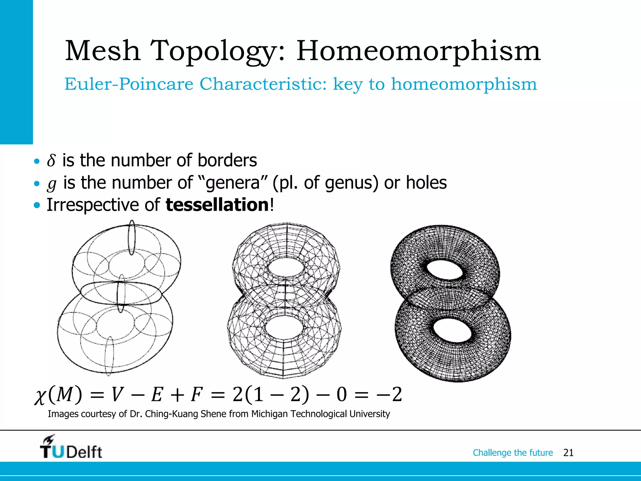 21Challenge the future
Mesh Topology: Homeomorphism
Euler-Poincare Characteristic: key to homeomorphism
Images courtesy of Dr. Ching-Kuang Shene from Michigan Technological University
𝜒 𝑀 = 𝑉 − 𝐸 + 𝐹 = 2 1 − 𝑔 − 𝛿
• 𝛿 is the number of borders
• 𝑔 is the number of “genera” (pl. of genus) or holes
• Irrespective of tessellation!
𝜒 𝑀 = 𝑉 − 𝐸 + 𝐹 = 2 1 − 2 − 0 = −2
 