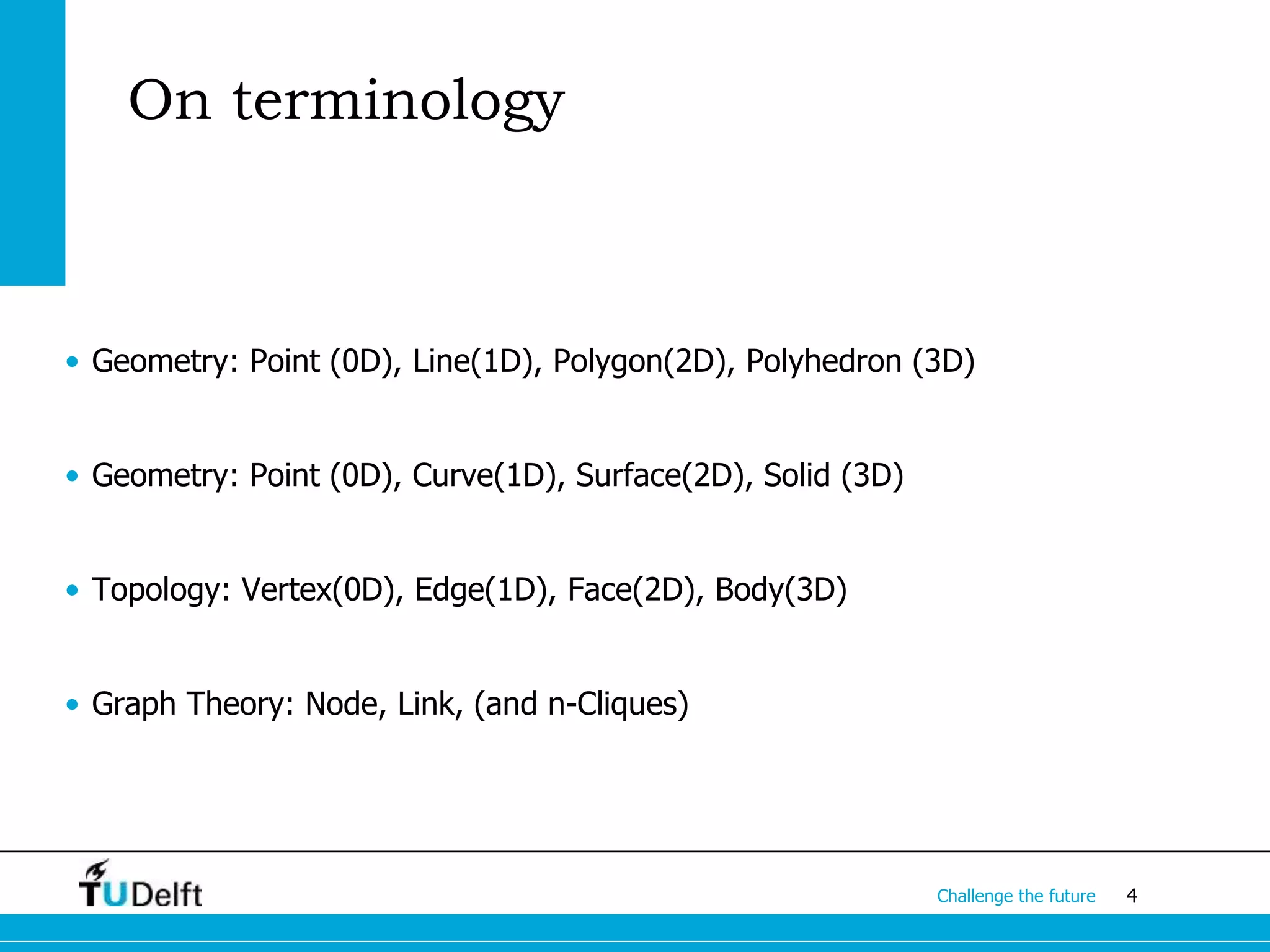 4Challenge the future
On terminology
• Geometry: Point (0D), Line(1D), Polygon(2D), Polyhedron (3D)
• Geometry: Point (0D), Curve(1D), Surface(2D), Solid (3D)
• Topology: Vertex(0D), Edge(1D), Face(2D), Body(3D)
• Graph Theory: Node, Link, (and n-Cliques)
 