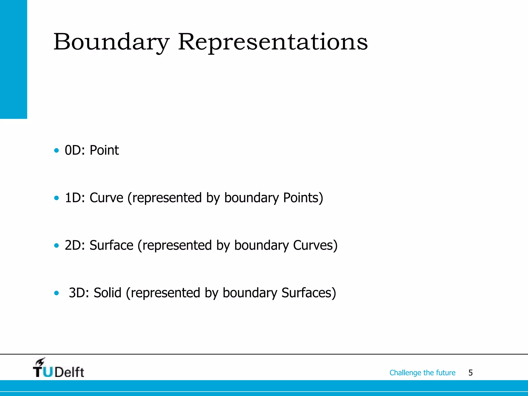5Challenge the future
Boundary Representations
• 0D: Point
• 1D: Curve (represented by boundary Points)
• 2D: Surface (represented by boundary Curves)
• 3D: Solid (represented by boundary Surfaces)
 