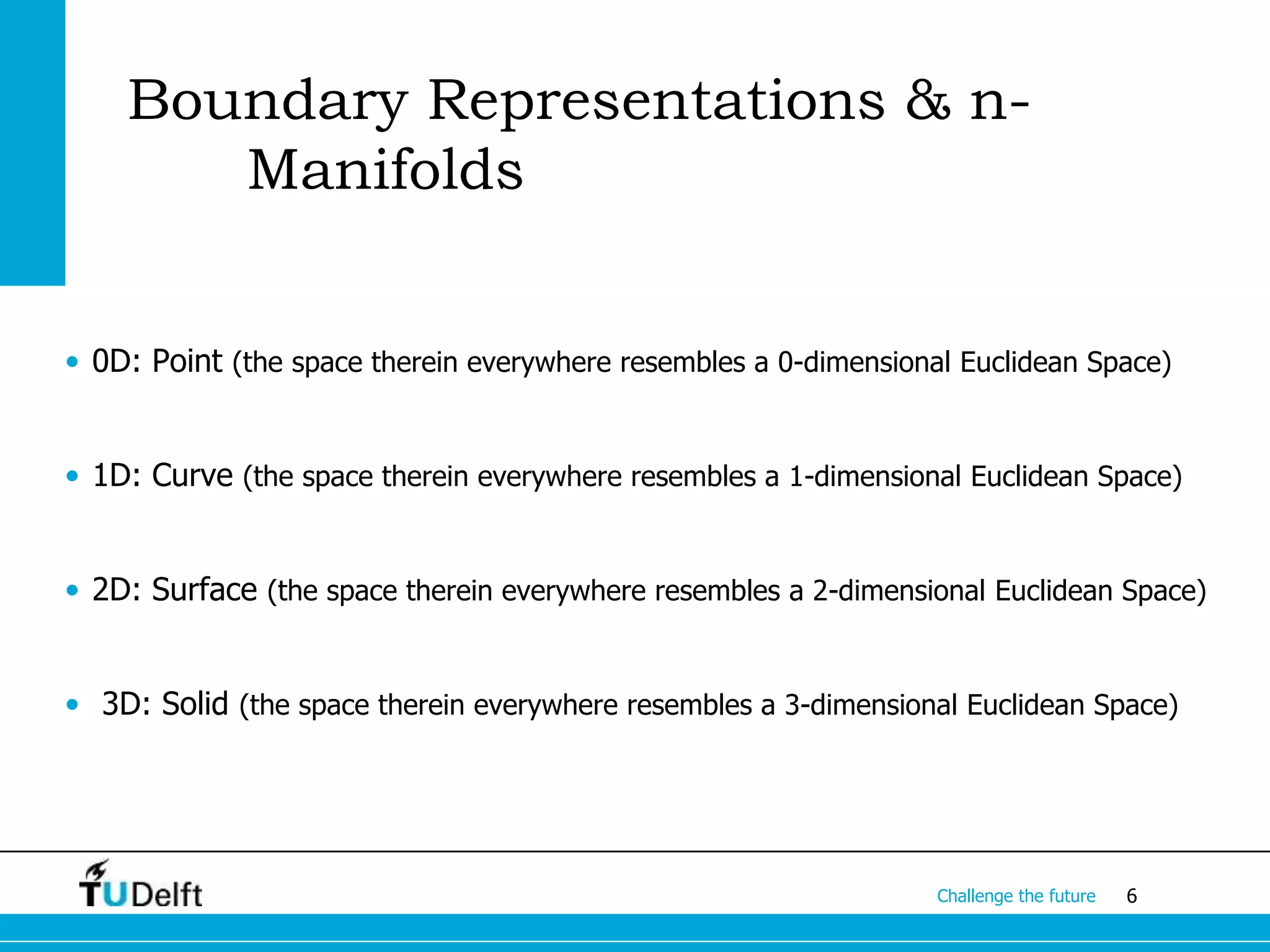 6Challenge the future
Boundary Representations & n-
Manifolds
• 0D: Point (the space therein everywhere resembles a 0-dimensional Euclidean Space)
• 1D: Curve (the space therein everywhere resembles a 1-dimensional Euclidean Space)
• 2D: Surface (the space therein everywhere resembles a 2-dimensional Euclidean Space)
• 3D: Solid (the space therein everywhere resembles a 3-dimensional Euclidean Space)
 
