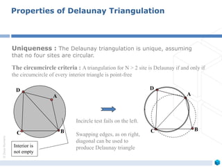 ©ZeusNumerix
Properties of Delaunay Triangulation
Uniqueness : The Delaunay triangulation is unique, assuming
that no four sites are circular.
The circumcircle criteria : A triangulation for N > 2 site is Delaunay if and only if
the circumcircle of every interior triangle is point-free
A
D
C B
Incircle test fails on the left.
Swapping edges, as on right,
diagonal can be used to
produce Delaunay triangle
A
D
C B
Interior is
not empty
 