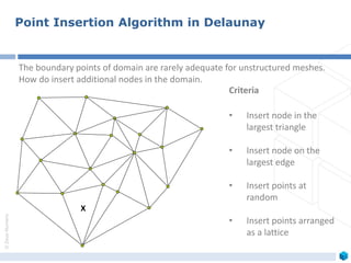 ©ZeusNumerix
Criteria
• Insert node in the
largest triangle
• Insert node on the
largest edge
• Insert points at
random
• Insert points arranged
as a lattice
The boundary points of domain are rarely adequate for unstructured meshes.
How do insert additional nodes in the domain.
Point Insertion Algorithm in Delaunay
X
 