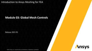 ©2021 Ansys, Inc. Unauthorized use, distribution, or duplication is prohibited.
Introduction to Ansys Meshing for FEA
Release 2021 R1
Module 03: Global Mesh Controls
 