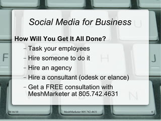 Social Media for Business How Will You Get It All Done? Task your employees Hire someone to do it Hire an agency Hire a consultant (odesk or elance) Get a FREE consultation with MeshMarketer at 805.742.4631 