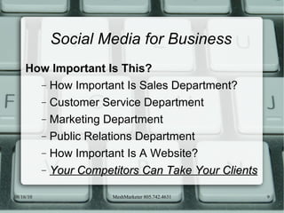 Social Media for Business How Important Is This? How Important Is Sales Department? Customer Service Department Marketing Department Public Relations Department How Important Is A Website? Your Competitors Can Take Your Clients 