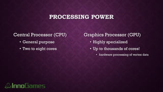 PROCESSING POWER
Central Processor (CPU)
• General purpose
• Two to eight cores
Graphics Processor (GPU)
• Highly specialized
• Up to thousands of cores!
• hardware processing of vertex data
 