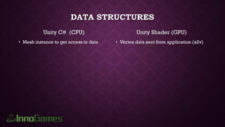 DATA STRUCTURES
Unity C# (CPU)
• Mesh instance to get access to data
Unity Shader (GPU)
• Vertex data sent from application (a2v)
 