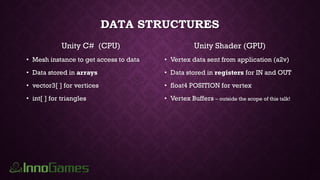 DATA STRUCTURES
Unity C# (CPU)
• Mesh instance to get access to data
• Data stored in arrays
• vector3[ ] for vertices
• int[ ] for triangles
Unity Shader (GPU)
• Vertex data sent from application (a2v)
• Data stored in registers for IN and OUT
• float4 POSITION for vertex
• Vertex Buffers – outside the scope of this talk!
 