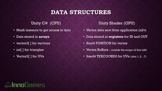 DATA STRUCTURES
Unity C# (CPU)
• Mesh instance to get access to data
• Data stored in arrays
• vector3[ ] for vertices
• int[ ] for triangles
• Vector2[ ] for UVs
Unity Shader (GPU)
• Vertex data sent from application (a2v)
• Data stored in registers for IN and OUT
• float4 POSITION for vertex
• Vertex Buffers – outside the scope of this talk!
• fixed4 TEXCOORD0 for UVs (also 1, 2…7)
 