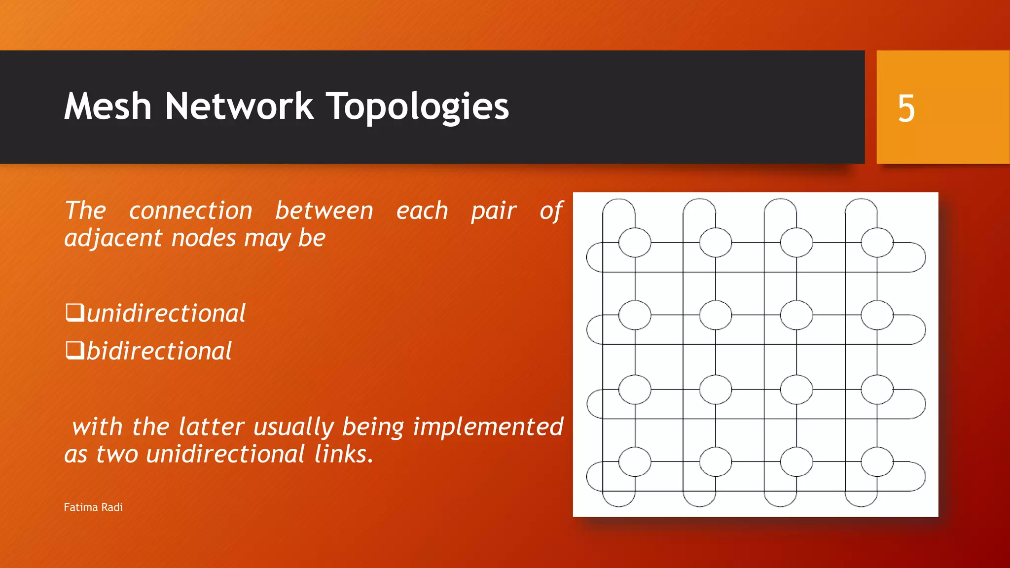 Mesh Network Topologies
The connection between each pair of
adjacent nodes may be
unidirectional
bidirectional
with the latter usually being implemented
as two unidirectional links.
5
Fatima Radi
 