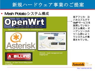 新規ハードウェア事業のご提案 Mesh Potato システム構成 南アフリカ・ヨハネスブルグで VoIP サービスを展開しているシステム構成 - オープンソースのツール群によってシステムが構築されている。 