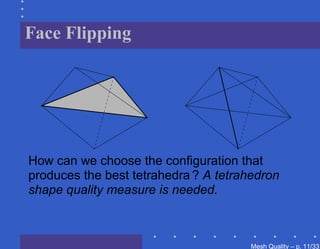 Face Flipping




How can we choose the conﬁguration that
produces the best tetrahedra ? A tetrahedron
shape quality measure is needed.



                                       Mesh Quality – p. 11/331
 