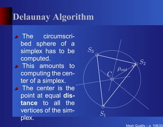Delaunay Algorithm

  The     circumscri-
 bed sphere of a
 simplex has to be      S3
 computed.
                                                 S2
  This amounts to                     ρout
 computing the cen-               C
 ter of a simplex.
  The center is the
 point at equal dis-
 tance to all the
 vertices of the sim-        S1
 plex.
                                         Mesh Quality – p. 108/331
 