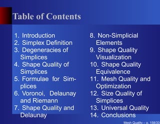 Table of Contents

1. Introduction        8. Non-Simplicial
2. Simplex Deﬁnition     Elements
3. Degeneracies of     9. Shape Quality
  Simplices              Visualization
4. Shape Quality of    10. Shape Quality
  Simplices              Equivalence
5. Formulae for Sim-   11. Mesh Quality and
  plices                 Optimization
6. Voronoi, Delaunay   12. Size Quality of
  and Riemann            Simplices
7. Shape Quality and   13. Universal Quality
  Delaunay             14. Conclusions
                                  Mesh Quality – p. 158/331
 