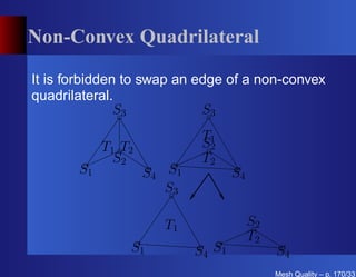 Non-Convex Quadrilateral

It is forbidden to swap an edge of a non-convex
quadrilateral.
               S3           S3
                             T1
            T1 T2            S2
              S2             T2
       S1           S4 S1           S4
                       S3

                      T1                 S2
                                         T2
                S1          S4 S1             S4
                                              Mesh Quality – p. 170/331
 