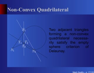 Non-Convex Quadrilateral


       S3          Two adjacent triangles
                   forming a non-convex
                   quadrilateral necessa-
      T1 T2        rily satisfy the empty
        S2         sphere     criterion of
 S1           S4   Delaunay.




                                Mesh Quality – p. 171/331
 